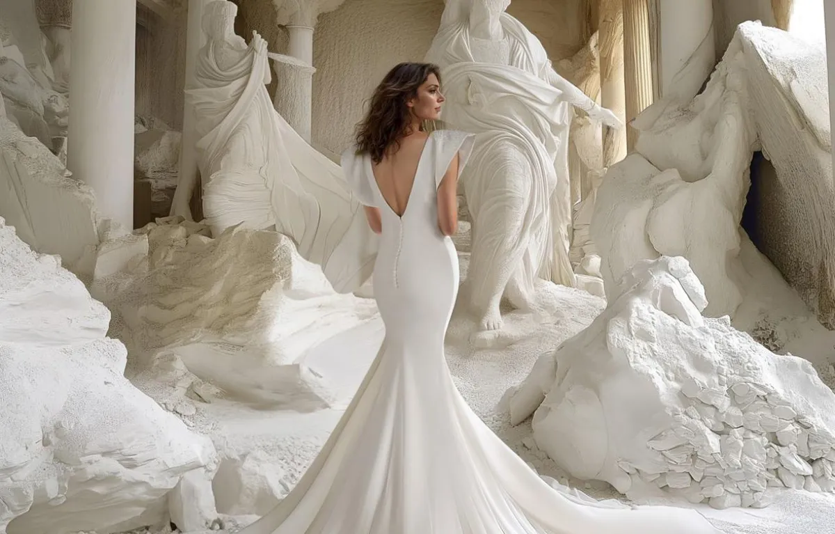 An AI generated art photograph of a model wearing a fictional Pronovias fit-and-flare gown in a stone room with columns and half-destroyed ancient statues