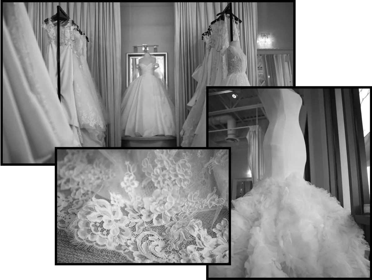 A collection of fabrics and dresses from Destiny's Bride