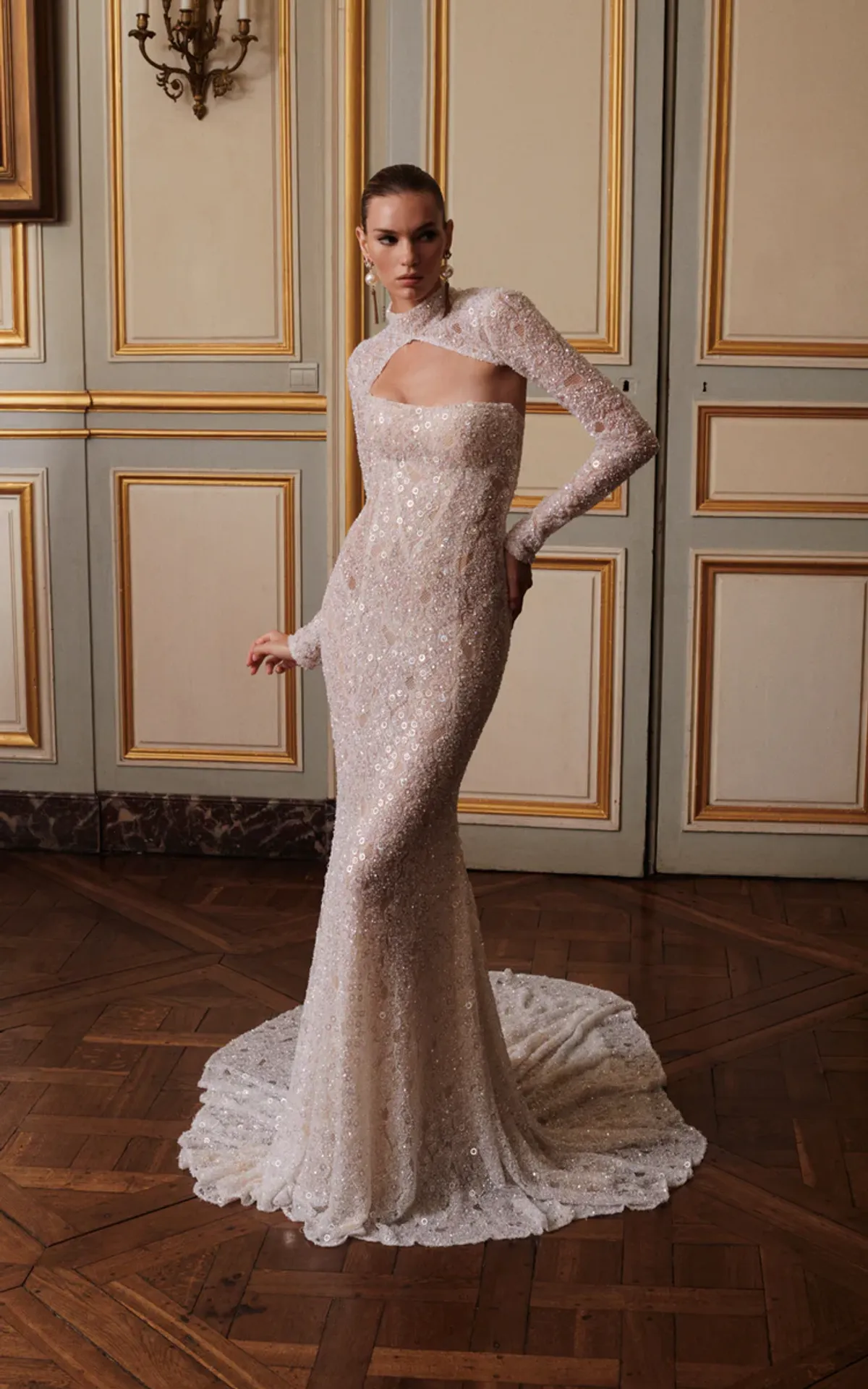 A model showcases the Galia Lahav Platine dress
